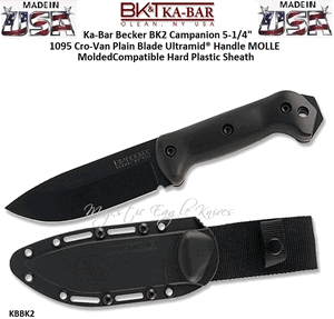 KA-BAR BK2 Becker Campanion Fixed 5-1/4" 1095 Cro-Van Plain Blade, Zytel Handles, Molded Hard Plastic Sheath