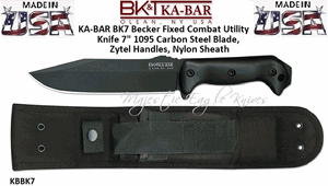 KA-BAR BK7 Becker Fixed Combat Utility Knife 7" 1095 Carbon Steel Plain Blade, Zytel Handles, Nylon Sheath 