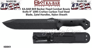 KA-BAR BK9 Becker Fixed Combat Bowie Knife 9" 1095 CroVan Carbon Tool Steel Plain Blade, Zytel Handles, Nylon Sheath 