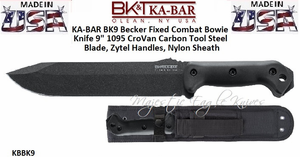 KA-BAR BK9 Becker Fixed Combat Bowie Knife 9" 1095 CroVan Carbon Tool Steel Plain Blade, Zytel Handles, Nylon Sheath KA-BAR BK9 Becker Fixed Combat Bowie Knife 9" 1095 CroVan Carbon Tool Steel Plain Blade, Zytel Handles, Nylon Sheath