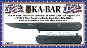  KA-BAR KAEK201 John Ek Commando Ek Folder Liner Lock Flipper Knife 4" S35VN Black Drop Point Blade, Black Glass Filled Nylon Handles, Reversible Wire Clip, Fixed Blade Lock 