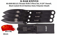 KA-BAR KB1121 Thrower Knife 3-Piece Set, 9-3/4" Overall, Black Coated 3Cr13 Stainless Steel, Polyester Sheath KA-BAR KB1121 Thrower Knife 3-Piece Set, 9-3/4" Overall, Black Coated 3Cr13 Stainless Steel, Polyester Sheath