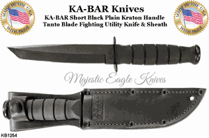 KA-BAR KB1254 Short Black Plain Kraton Handle Tanto Blade Fighting Utility Knife & Sheath