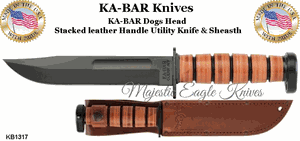 Ka-Bar KB1317 Dog's Head Utility Knife with Stacked Leather Handle and Black Plain Blade Knife