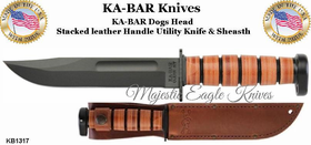 Ka-Bar KB1317 Dog's Head Utility Knife with Stacked Leather Handle and Black Plain Blade Knife Ka-Bar KB1317 Dog's Head Utility Knife with Stacked Leather Handle and Black Plain Blade Knife
