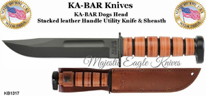 Ka-Bar KB1317 Dog's Head Utility Knife with Stacked Leather Handle and Black Plain Blade Knife Ka-Bar KB1317 Dog's Head Utility Knife with Stacked Leather Handle and Black Plain Blade Knife