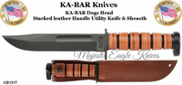 Ka-Bar KB1317 Dog's Head Utility Knife with Stacked Leather Handle and Black Plain Blade Knife Ka-Bar KB1317 Dog's Head Utility Knife with Stacked Leather Handle and Black Plain Blade Knife