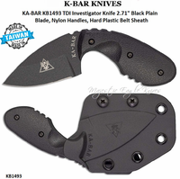 KA-BAR KB1493 TDI Investigator Knife 2.71" Black Plain Blade, Nylon Handles, Hard Plastic Belt Sheath KA-BAR KB1493 TDI Investigator Knife 2.71" Black Plain Blade, Nylon Handles, Hard Plastic Belt Sheath