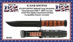 KA-BAR KB5025 Full Size US Navy Fighting Knife 7" Plain Edge Blade w/ Kydex Sheath