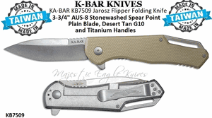 KA-BAR KB7509 Jarosz Flipper Folding Knife 3-3/4" AUS-8 Stonewashed Spearpoint Plain Blade, Desert Tan G10 and Titanium Handles
