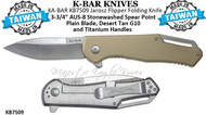 KA-BAR KB7509 Jarosz Flipper Folding Knife 3-3/4" AUS-8 Stonewashed Spearpoint Plain Blade, Desert Tan G10 and Titanium Handles