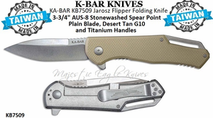 KA-BAR KB7509 Jarosz Flipper Folding Knife 3-3/4" AUS-8 Stonewashed Spearpoint Plain Blade, Desert Tan G10 and Titanium Handles KA-BAR KB7509 Jarosz Flipper Folding Knife 3-3/4" AUS-8 Stonewashed Spearpoint Plain Blade, Desert Tan G10 and Titanium Handles