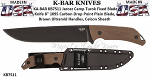 KA-BAR KB7511 Jarosz Camp Turok Fixed Blade Knife 8" 1095 Carbon Drop Point Plain Blade, Brown Ultramid Handles, Celcon Sheath 