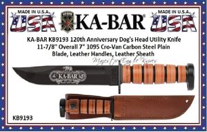 KA-BAR KB9193 120th Anniversary Dog's Head Utility Knife 12" Overall 7" 1095 Cro-Van Plain Blade, Leather Handle, Dog's Head Logo Leather Sheath KA-BAR KB9193 120th Anniversary Dog's Head Utility Knife 12" Overall 7" 1095 Cro-Van Plain Blade, Leather Handle, Dog's Head Logo Leather Sheath