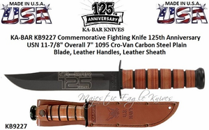 KA-BAR KB9227 Commemorative Fighting Knife 125th Anniversary USN 11-7/8" Overall 7" Cro-Van Carbon Steel Black Clip Point Blade, Leather Handles, Leather Sheath KA-BAR KB9227 Commemorative Fighting Knife 125th Anniversary USN 11-7/8" Overall 7" Cro-Van Carbon Steel Black Clip Point Blade, Leather Handles, Leather Sheath