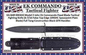 KA-BAR KBEK43 Model 3 John Ek Commando Fixed Blade Tactical Fighting Knife 12-3/8" Overall 6-7/16 False Top Edge 1095HC Spearpoint Plain Blade) Full Tang Construction Black GFN Handles 