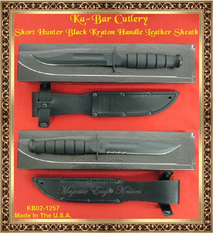 KA-BAR Knife Short 1257 U.S.A. Black Kraton Handle Leather Sheath Serrated Knife KA-BAR Knife Short 1257 U.S.A. Black Kraton Handle Leather Sheath Serrated Knife