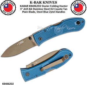 KA-BAR KNIVES KABAR KB4062D2 Dozier Folding Hunter 3" AUS 8A Stainless Steel D2 Coyote Tan Plain Blade, Steel Blue Zytel Handles