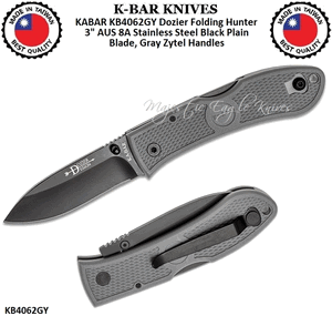 KA-BAR KNIVES KABAR KB4062GY Dozier Folding Hunter 3" AUS 8A Stainless Steel Black Plain Blade, Gray Zytel Handles