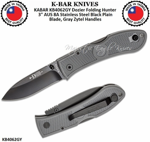 KA-BAR KNIVES KABAR KB4062GY Dozier Folding Hunter 3" AUS 8A Stainless Steel Black Plain Blade, Gray Zytel Handles