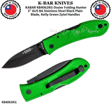 KA-BAR KNIVES KABAR KB4062KG Dozier Folding Hunter 3" AUS 8A Stainless Steel Black Plain Blade, Kelly Green Zytel Handles