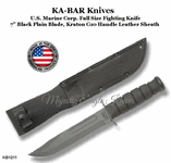 KA-BAR Knives KB1211 Full Size Fighting Utility Knife 7" Black Plain Blade Kraton G Handle Leather Sheath