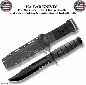 KA-BAR Knives KB1214 Full Size Fighting Utility Knife 7" Black Combo Edge Blade Kraton G Handle Leather Sheath