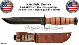 KA-BAR Knives KB1250 USMC Straight Edge Fighting Combat Leather Handle Plane Blade Knife & Sheath