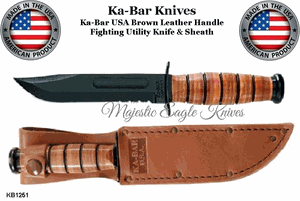 KA-BAR Knives KB1251 USMC Straight Edge Fighting Combat Leather Handle Partially Serrated Blade Knife & Sheath