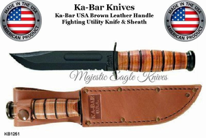 KA-BAR Knives KB1251 USMC Straight Edge Fighting Combat Leather Handle Partially Serrated Blade Knife & Sheath