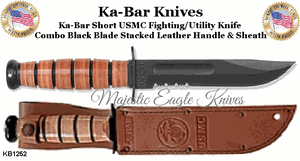 KA-BAR Knives: KB1252 Short USA Black Combo Blade Stacked Leather Handle Fighting/Utility Knife & Leather Sheath
