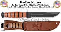 KA-BAR Knives: KB1252 Short USA Black Combo Blade Stacked Leather Handle Fighting/Utility Knife & Leather Sheath KA-BAR Knives: KB1252 Short USA Black Combo Blade Stacked Leather Handle Fighting/Utility Knife & Leather Sheath