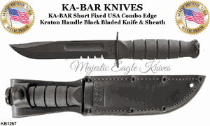 KA-BAR KNIVES KB1257 Short Fixed USA Combo Edge Kraton Handle Black Bladed Knife & Sheath