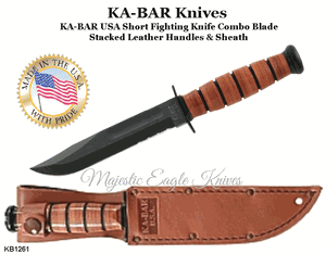 KA-BAR Knives: KB1261 USA Short Fighting Knife Combo Blade Stacked Leather Handles & Sheath