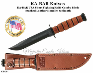 KA-BAR Knives: KB1261 USA Short Fighting Knife Combo Blade Stacked Leather Handles & Sheath KA-BAR Knives: KB1261 USA Short Fighting Knife Combo Blade Stacked Leather Handles & Sheath