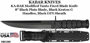 KA-BAR Knives: KB1266 KA-BAR Modified Tanto Fixed Blade Knife 8" Black Plain Blade, Black Kraton G Handles, Black GFN Sheath