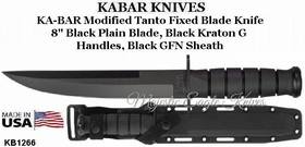KA-BAR Knives: KB1266 KA-BAR Modified Tanto Fixed Blade Knife 8" Black Plain Blade, Black Kraton G Handles, Black GFN Sheath