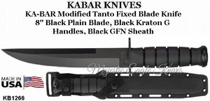 KA-BAR Knives: KB1266 KA-BAR Modified Tanto Fixed Blade Knife 8" Black Plain Blade, Black Kraton G Handles, Black GFN Sheath