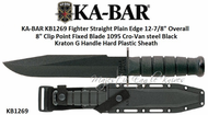 Ka-Bar Knives KB1269 Fighter Straight Plain Edge 12-7/8" Overall 8" Clip Point Fixed Blade 1095 Cro-Van steel Black Kraton G Handle Hard Plastic Sheath