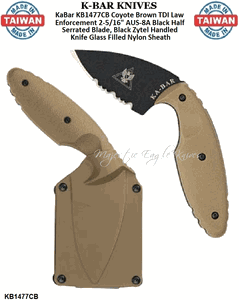  KA-BAR KNIVES KB1477CB KA-BAR Coyote Brown TDI Law Enforcement 2-5/16" AUS-8A Black Half Serrated Blade, Brown Zytel Handled Knife Glass Filled Nylon Sheath