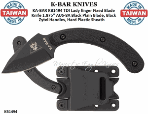 KA-BAR KNIVES KB1494 KA-BAR TDI Lady finger Fixed Blade Knife 1.875" AUS-8A Black Plain Blade, Black Zytel Handles, Hard Plastic Sheath