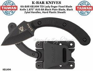 KA-BAR KNIVES KB1494 KA-BAR TDI Lady finger Fixed Blade Knife 1.875" AUS-8A Black Plain Blade, Black Zytel Handles, Hard Plastic Sheath