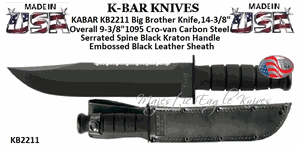 KA-BAR Knives KB2211 Big Brother Knife, 14-3/8" Overall 9-3/8" 1095 Cro-van Carbon Steel, Serrated Spine Black Kraton Handle Embossed Black Leather Sheath