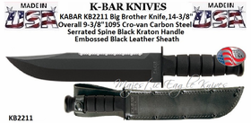 KA-BAR Knives KB2211 Big Brother Knife, 14-3/8" Overall 9-3/8" 1095 Cro-van Carbon Steel, Serrated Spine Black Kraton Handle Embossed Black Leather Sheath KA-BAR Knives KB2211 Big Brother Knife, 14-3/8" Overall 9-3/8" 1095 Cro-van Carbon Steel, Serrated Spine Black Kraton Handle Embossed Black Leather Sheath