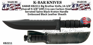 KA-BAR Knives KB2211 Big Brother Knife, 14-3/8" Overall 9-3/8" 1095 Cro-van Carbon Steel, Serrated Spine Black Kraton Handle Embossed Black Leather Sheath