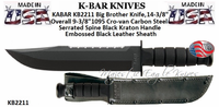 KA-BAR Knives KB2211 Big Brother Knife, 14-3/8" Overall 9-3/8" 1095 Cro-van Carbon Steel, Serrated Spine Black Kraton Handle Embossed Black Leather Sheath KA-BAR Knives KB2211 Big Brother Knife, 14-3/8" Overall 9-3/8" 1095 Cro-van Carbon Steel, Serrated Spine Black Kraton Handle Embossed Black Leather Sheath