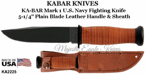 KA-BAR Knives: KB2225 KA-BAR U.S. Navy Mark I Fighting/Utility Knife 5-1/8" Plain Blade, Leather Handle, Brown Leather Sheath