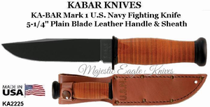 KA-BAR Knives: KB2225 KA-BAR U.S. Navy Mark I Fighting/Utility Knife 5-1/8" Plain Blade, Leather Handle, Brown Leather Sheath
