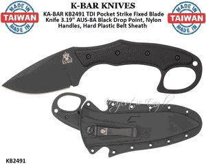  KA-BAR KNIVES KB2491 KA-BAR TDI Pocket Strike Fixed Blade Knife 3.19" AUS-8A Black Drop Point, Nylon Handles, Hard Plastic Belt Sheath