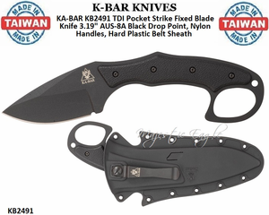  KA-BAR KNIVES KB2491 KA-BAR TDI Pocket Strike Fixed Blade Knife 3.19" AUS-8A Black Drop Point, Nylon Handles, Hard Plastic Belt Sheath
